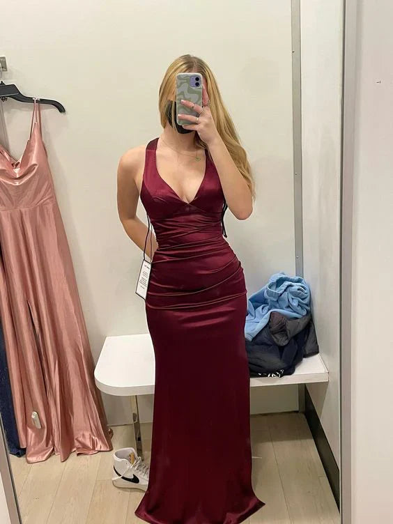 Sexy Mermaid Burgundy Sleeveless Long Satin Prom Dress Evening Dresses gowns evening dresses gentle atmospheric and unique desi Bring summer colors to enhance whiteness