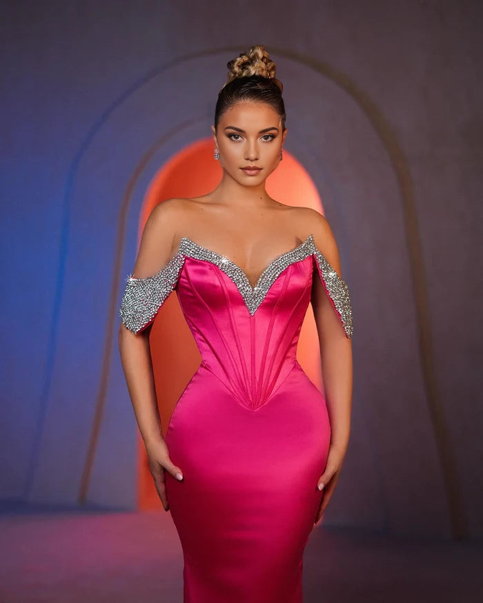 Sexy Mermaid Off-the-shoulder Sleeveless Rhinestone Satin Prom Dress Simple gentle atmospheric and unique design