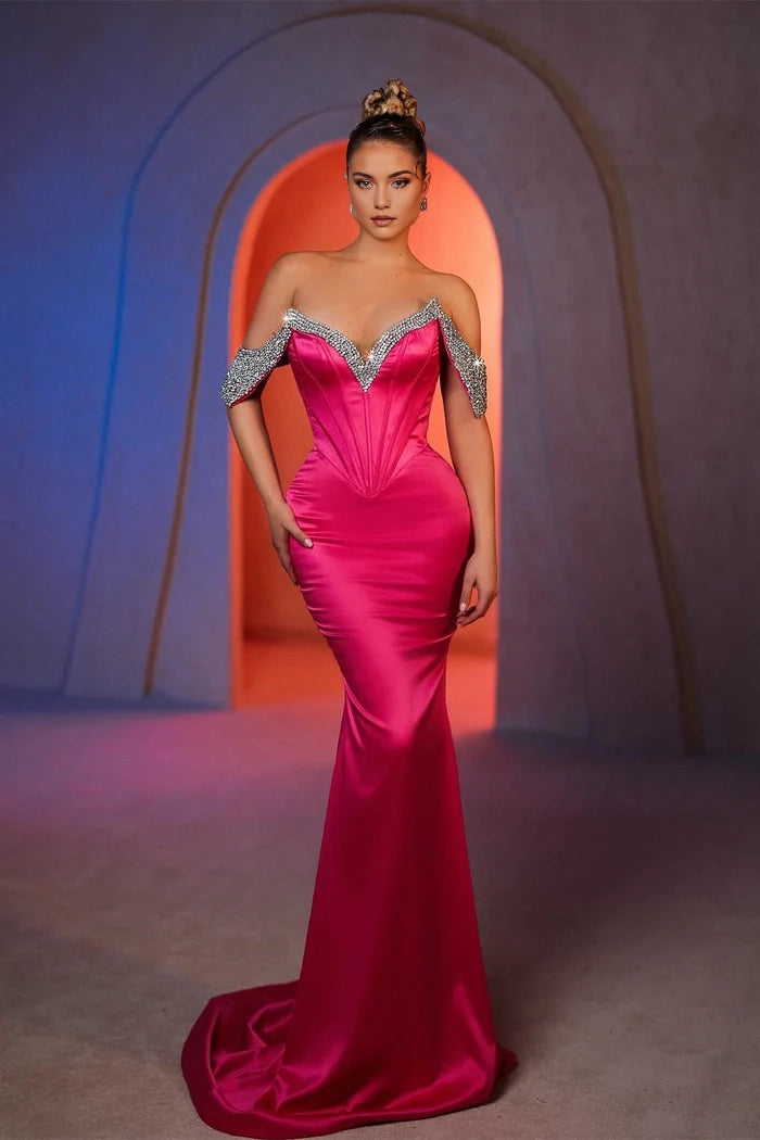 Sexy Mermaid Off-the-shoulder Sleeveless Rhinestone Satin Prom Dress Simple gentle atmospheric and unique design