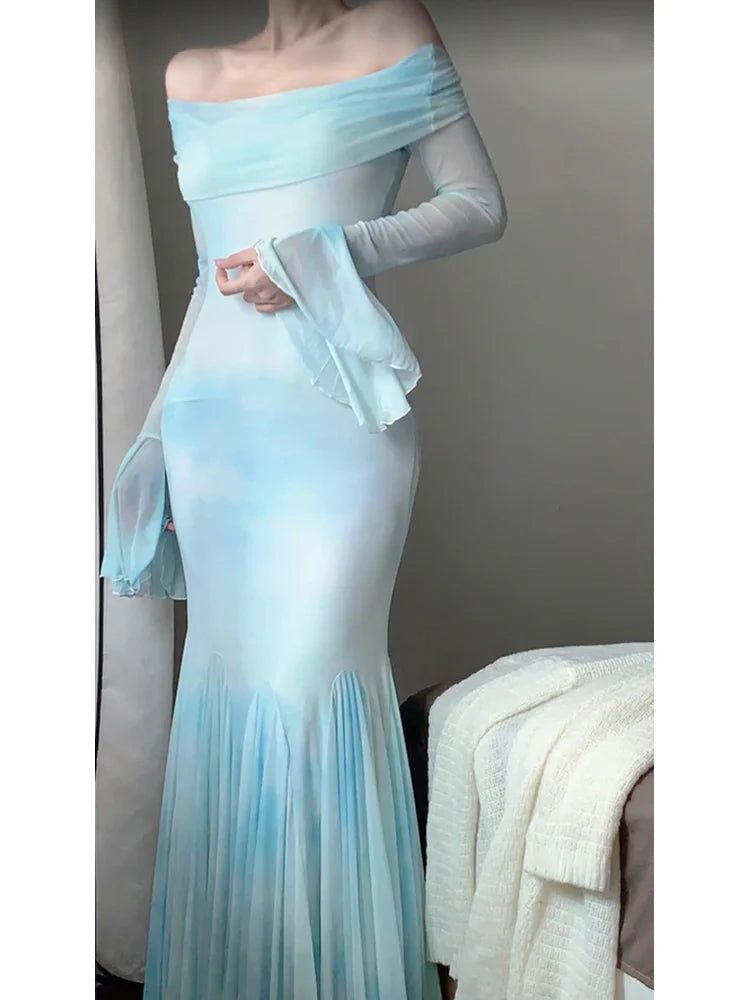 Sexy Mermaid Off The Shoulder Light Blue Women's Beach Dress Vacation Dresses Birthday Dress simple gentle atmospheric and unique desi Bring summer colors to enhance whiteness