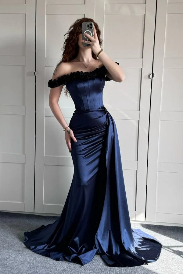 Sexy Mermaid Off The Shoulder Navy Blue Satin Prom Dresses Formal Summer Wedding Guest Dresses Wedding Guest Outfits simple gentle atmospheric and unique desi Bring summer colors to enhance whiteness