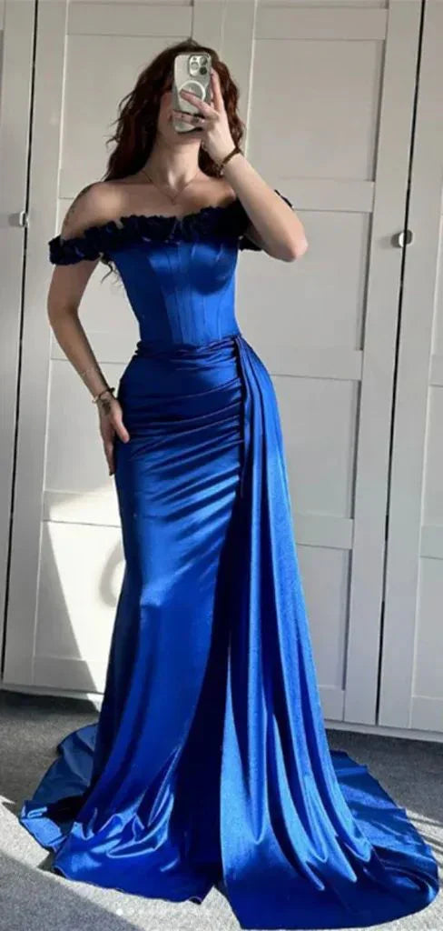 Sexy Mermaid Off The Shoulder Royal Blue Satin Prom Dresses Formal Summer Wedding Guest Dresses Wedding Guest Outfits  simple gentle atmospheric and unique desi Bring summer colors to enhance whiteness