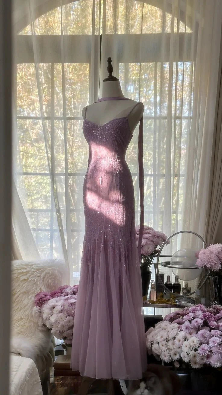 Sexy Mermaid Spaghetti Straps Purple Elegant Tulle Sequin Prom Dresses simple gentle atmospheric and unique desi Bring summer colors to enhance whiteness