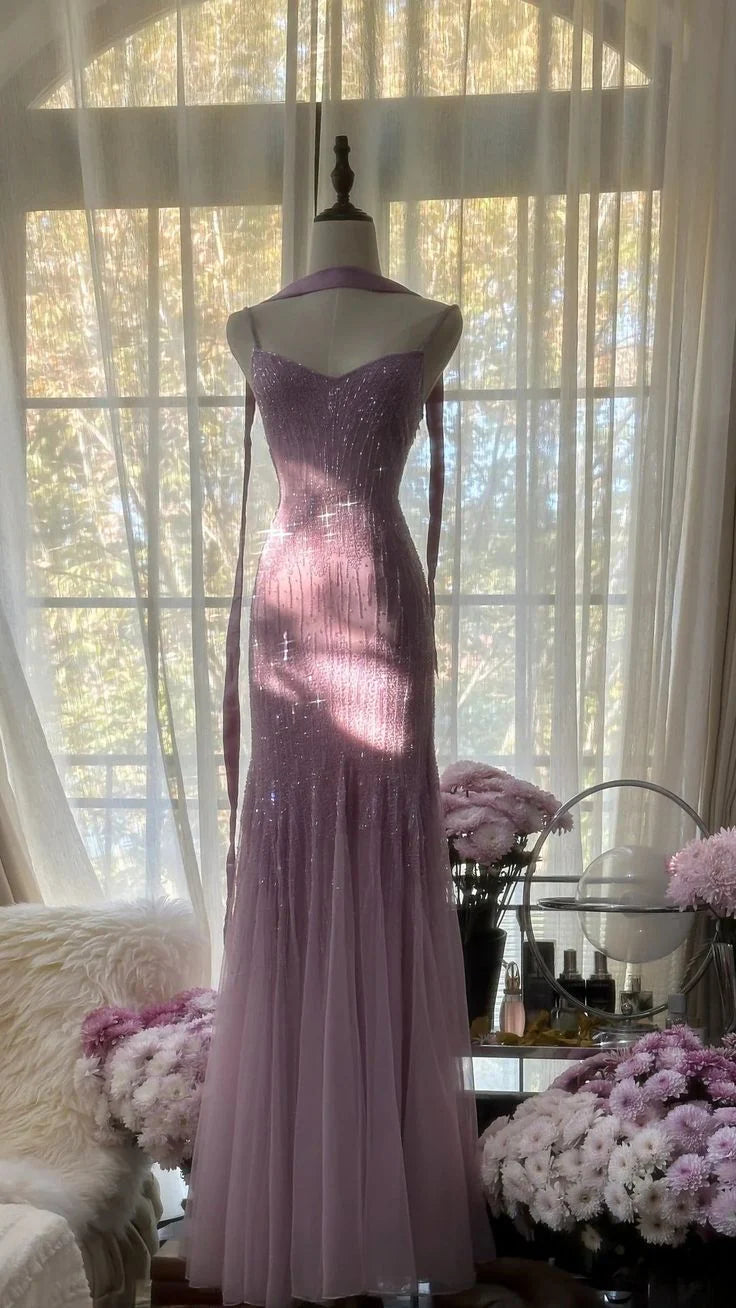 Sexy Mermaid Spaghetti Straps Purple Elegant Tulle Sequin Prom Dresses simple gentle atmospheric and unique desi Bring summer colors to enhance whiteness
