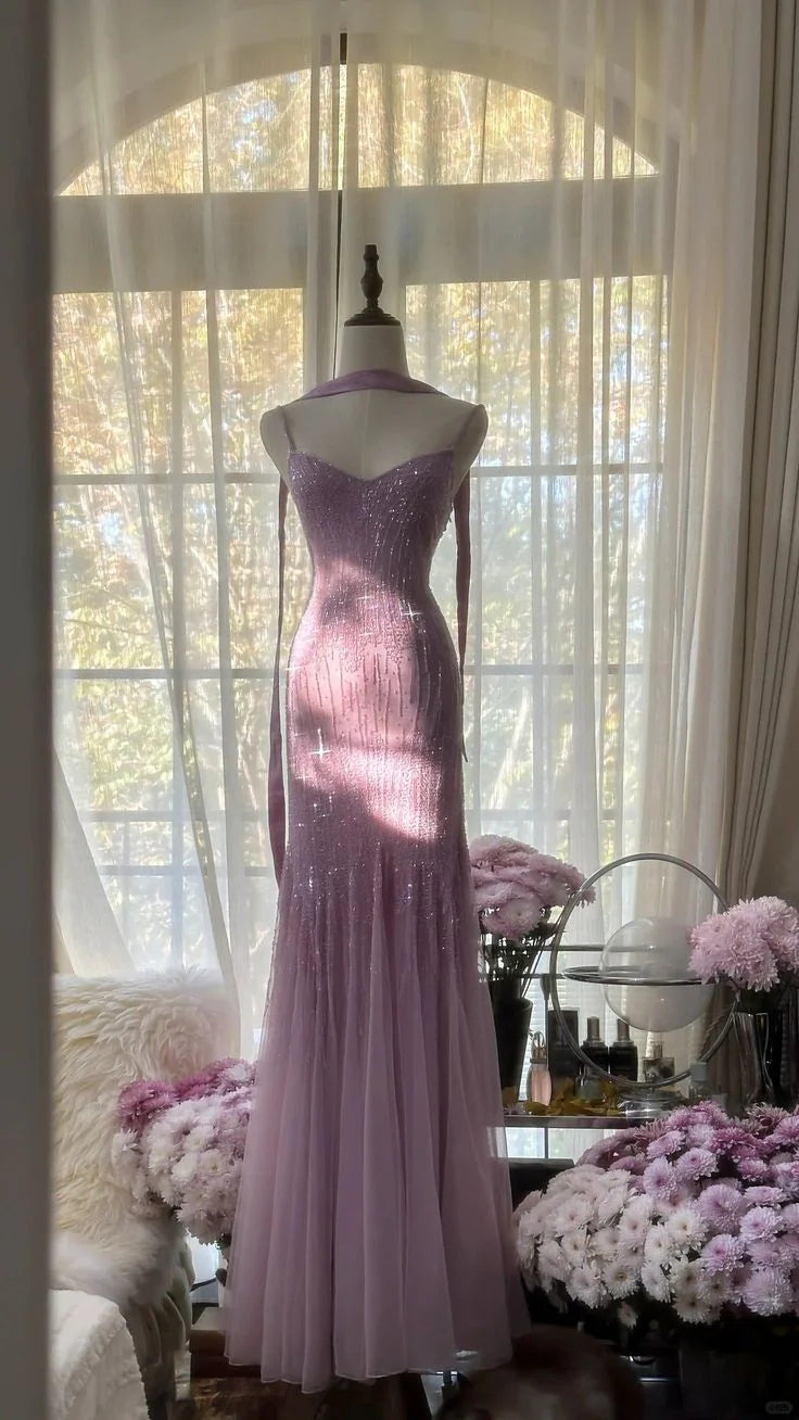 Sexy Mermaid Spaghetti Straps Purple Elegant Tulle Sequin Prom Dresses simple gentle atmospheric and unique desi Bring summer colors to enhance whiteness