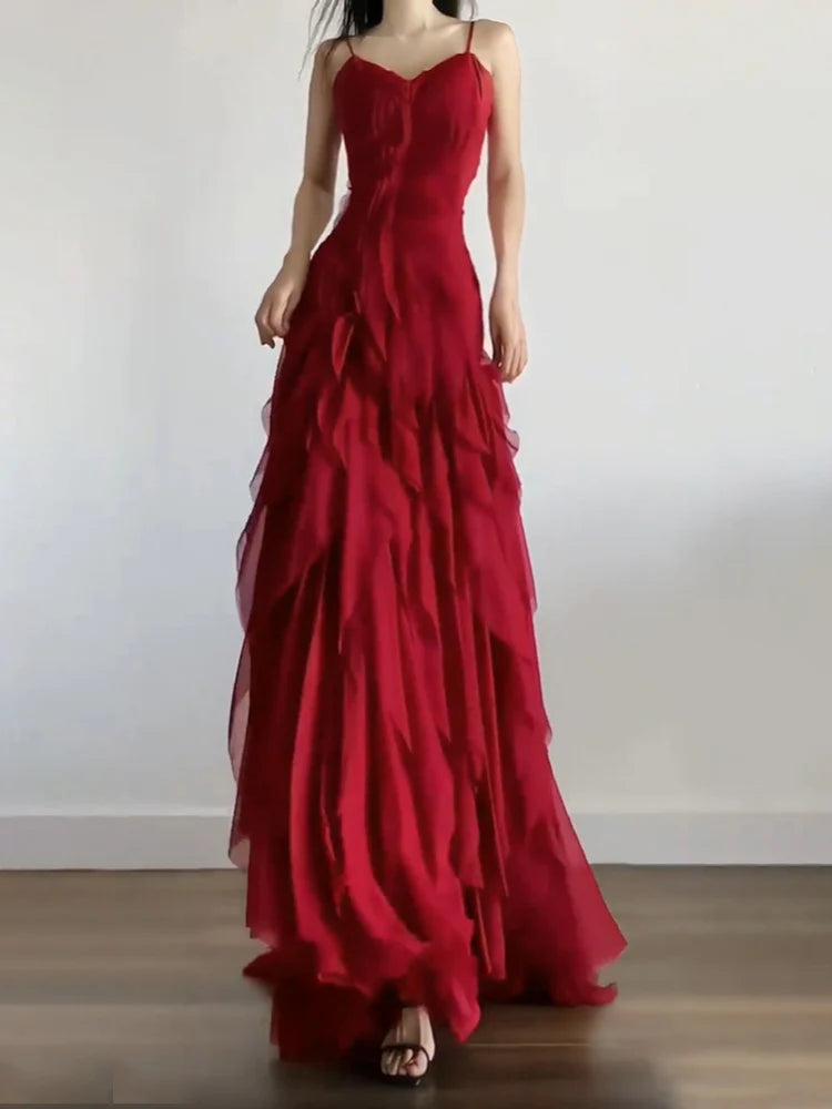 Sexy Mermaid Spaghetti Straps Red Chiffon Ruffles Birthday Dresses Long Prom Dress simple gentle atmospheric and unique desi Bring summer colors to enhance whiteness