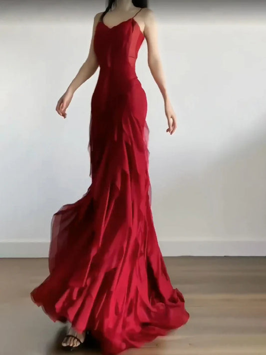 Sexy Mermaid Spaghetti Straps Red Chiffon Ruffles Birthday Dresses Long Prom Dress simple gentle atmospheric and unique desi Bring summer colors to enhance whiteness