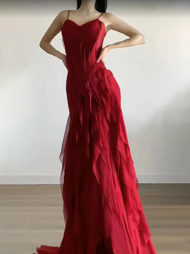 Sexy Mermaid Spaghetti Straps Red Chiffon Ruffles Birthday Dresses Long Prom Dress simple gentle atmospheric and unique desi Bring summer colors to enhance whiteness