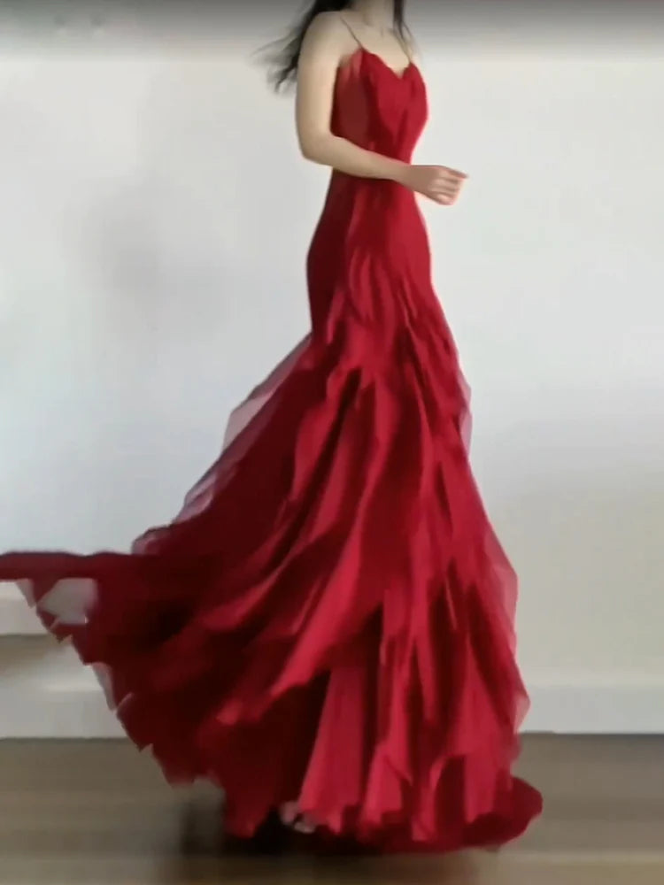 Sexy Mermaid Spaghetti Straps Red Chiffon Ruffles Birthday Dresses Long Prom Dress simple gentle atmospheric and unique desi Bring summer colors to enhance whiteness