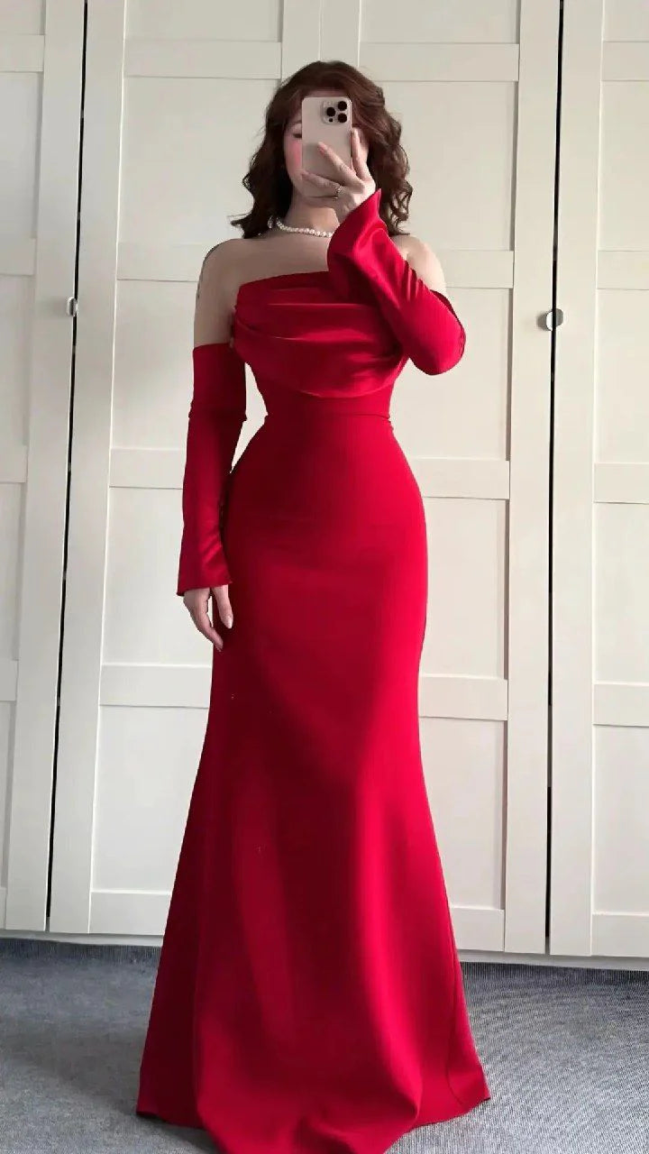 Sexy Mermaid Strapless Sleeveless Red Satin Prom Dresses With Gloves Formal Summer Wedding Guest Dresses Wedding Guest Outfits  simple gentle atmospheric and unique desi Bring summer colors to enhance whiteness