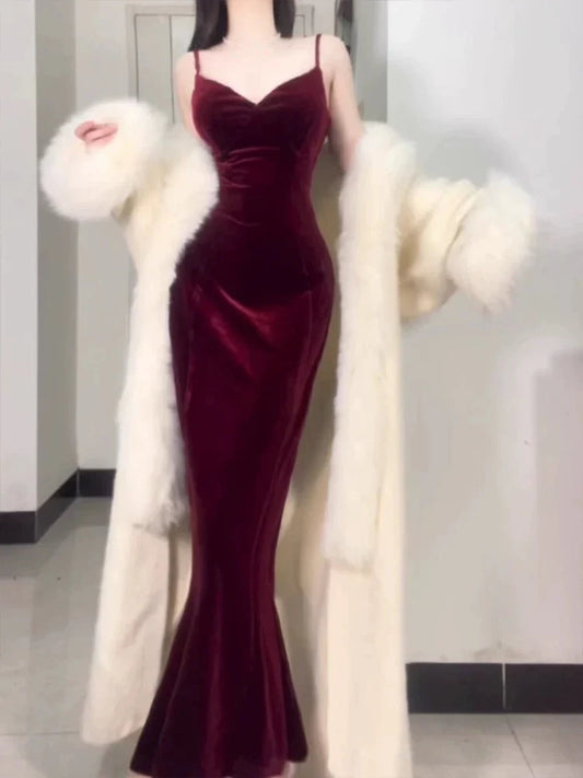 Sexy Mermaid Straps Burgundy Long Evening Dress Prom Dresses Birthday Outfits formal wear dresses simple gentle atmospheric and unique desi Bring summer colors to enhance whiteness
