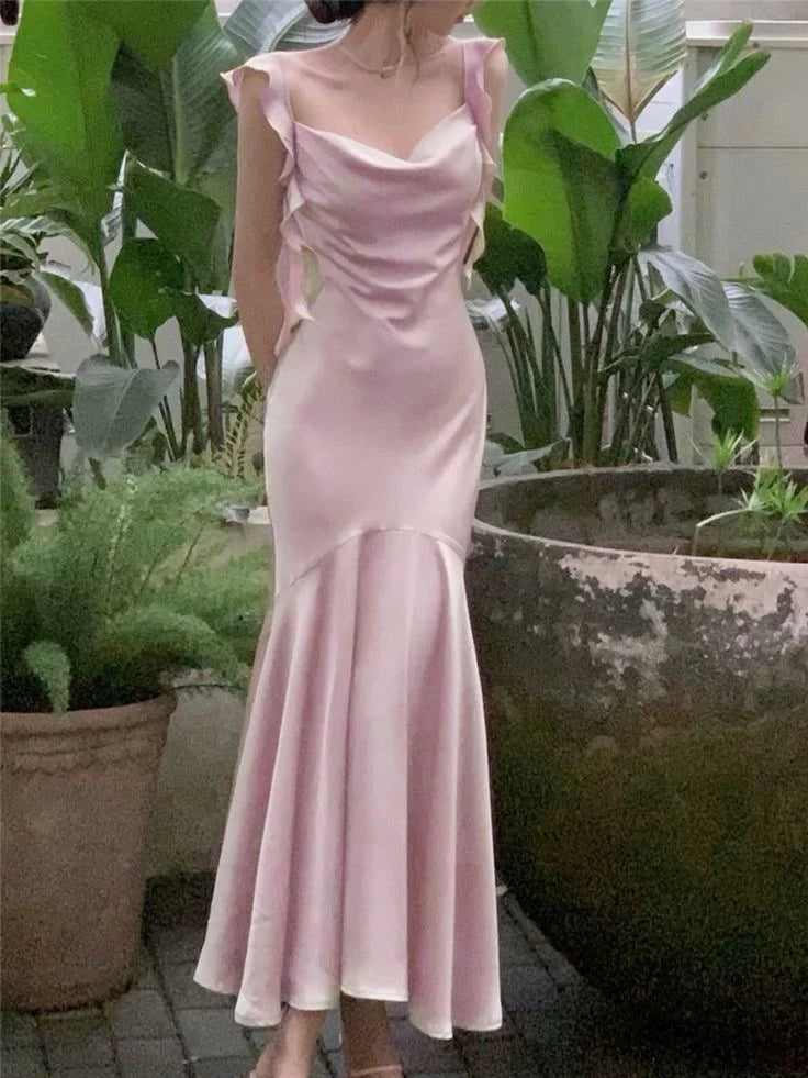Sexy Mermaid Straps Pink Satin Prom Dresses Formal Summer Wedding Guest Dresses Wedding Guest Outfit  simple gentle atmospheric and unique desi Bring summer colors to enhance whiteness