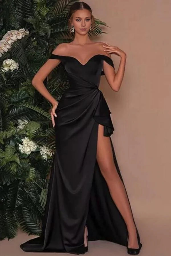 Sexy Off-the-Shoulder Black Side Slit Evening Dress Satin Long Prom Dress Simple gentle atmospheric and unique design