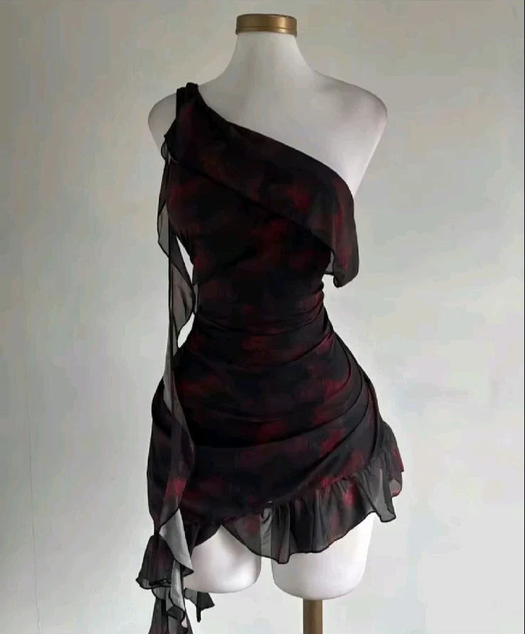 Sexy One Shoulder Chiffon Printed Ruffles Short Homecoming Dress 16th Birthday Outfits simple gentle atmospheric and unique desi Bring summer colors to enhance whiteness