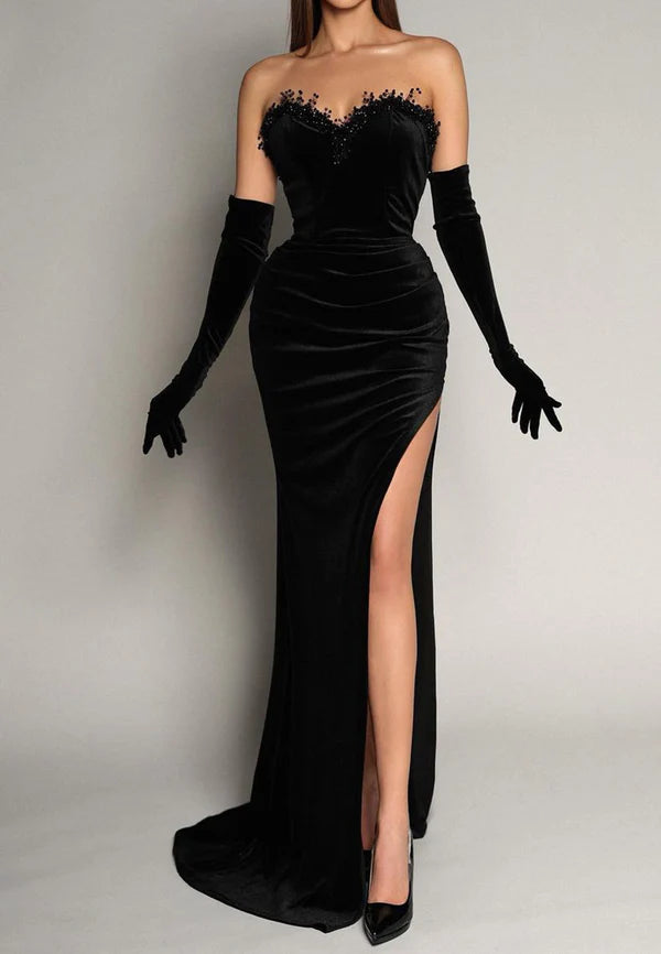 Sexy Satin Fitted Sweetheart Strapless Empire Beaded Ruched With Side Slit Party Prom Evening Dress Simple gentle atmospheric and unique design