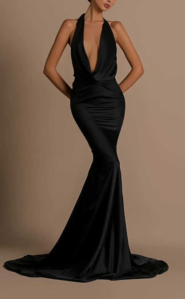 Sexy Satin Trumpt Halter Empire Open Back Beaded Appliques With Train Party Prom Evening Dress