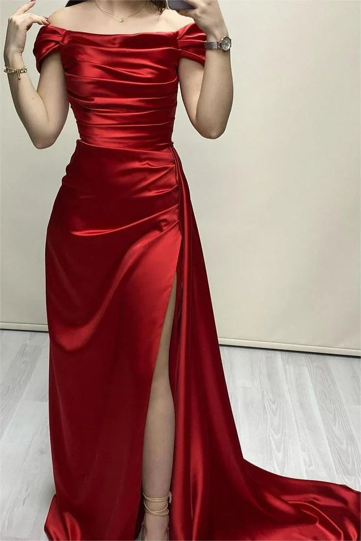 Sexy Sheath Off The Shoulder Red Slit Long Prom Dress Evening Dresses formal wear dresses simple gentle atmospheric and unique desi Bring summer colors to enhance whiteness