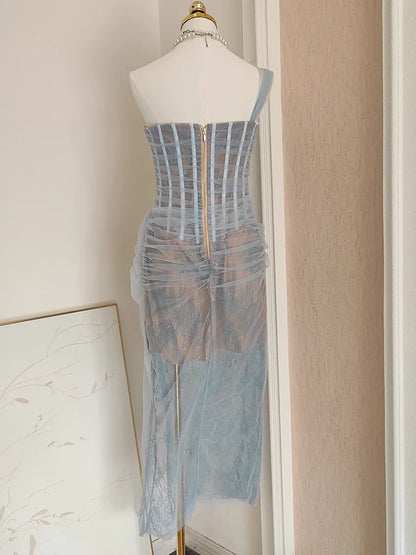 Sexy Sheath One Shoulder Light Sky Blue Tulle Lace Dinner Party Dresses Birthday Outfits simple gentle atmospheric and unique desi Bring summer colors to enhance whiteness