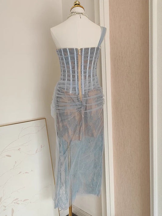 Sexy Sheath One Shoulder Light Sky Blue Tulle Lace Dinner Party Dresses Birthday Outfits simple gentle atmospheric and unique desi Bring summer colors to enhance whiteness