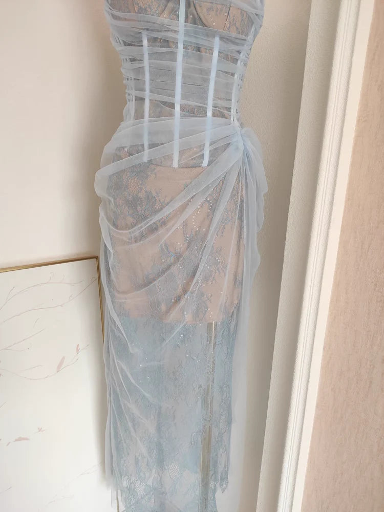 Sexy Sheath One Shoulder Light Sky Blue Tulle Lace Dinner Party Dresses Birthday Outfits simple gentle atmospheric and unique desi Bring summer colors to enhance whiteness