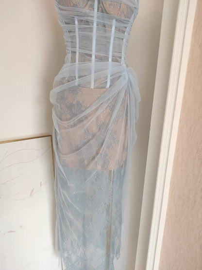 Sexy Sheath One Shoulder Light Sky Blue Tulle Lace Dinner Party Dresses Birthday Outfits simple gentle atmospheric and unique desi Bring summer colors to enhance whiteness