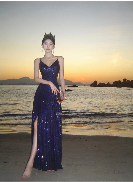 Sexy Sheath Spaghetti Straps Blue Sequin Beach Dress Women's Vacation Dresses Prom Dress simple gentle atmospheric and unique desi Bring summer colors to enhance whiteness