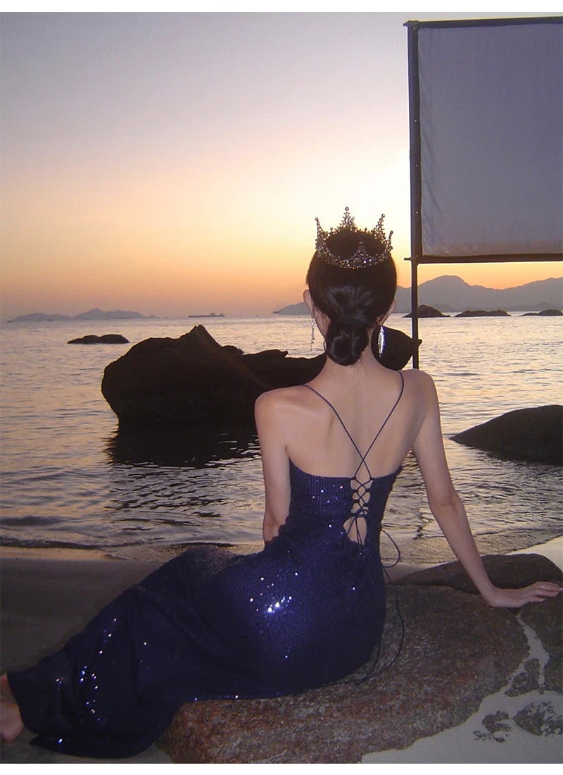 Sexy Sheath Spaghetti Straps Blue Sequin Beach Dress Women's Vacation Dresses Prom Dress simple gentle atmospheric and unique desi Bring summer colors to enhance whiteness