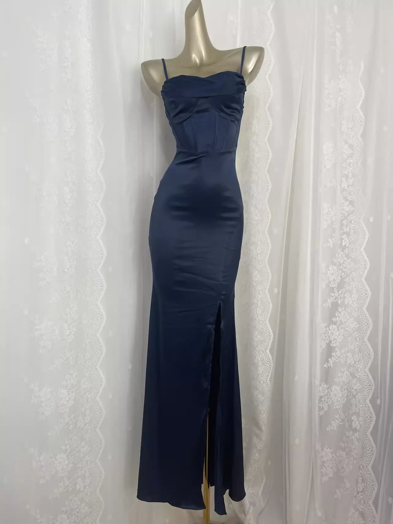 Sexy Sheath Spaghetti Straps Navy Blue Long Vacation Dress Birthday Dresses simple gentle atmospheric and unique desi Bring summer colors to enhance whiteness