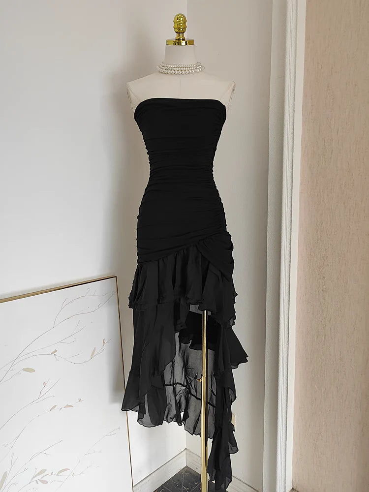 Sexy Sheath Strapless Black High Low Women's Holiday Dresses Birthday Outfits simple gentle atmospheric and unique desi Bring summer colors to enhance whiteness