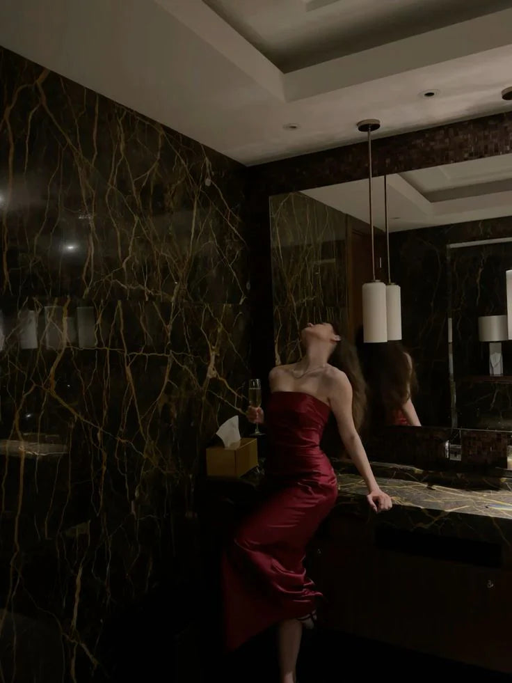 Sexy Sheath Strapless Burgundy Satin Long Prom Dress Evening Dresses formal wear dresses simple gentle atmospheric and unique desi Bring summer colors to enhance whiteness