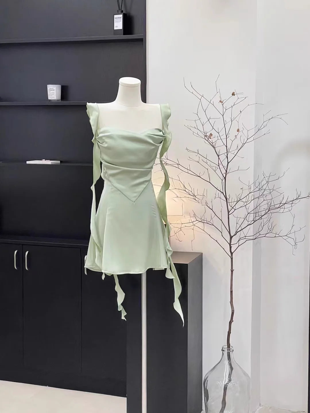 Sexy Sheath Straps Sleeveless Ruffled Sage Green Short Women's Holiday Summer Dresses simple gentle atmospheric and unique desi Bring summer colors to enhance whiteness