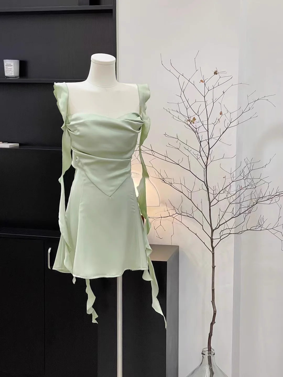 Sexy Sheath Straps Sleeveless Ruffled Sage Green Short Women's Holiday Summer Dresses simple gentle atmospheric and unique desi Bring summer colors to enhance whiteness