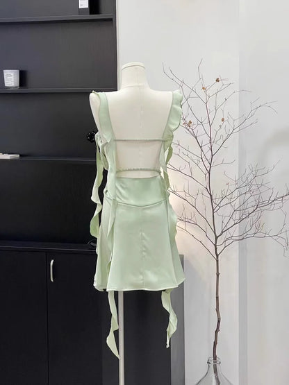 Sexy Sheath Straps Sleeveless Ruffled Sage Green Short Women's Holiday Summer Dresses simple gentle atmospheric and unique desi Bring summer colors to enhance whiteness