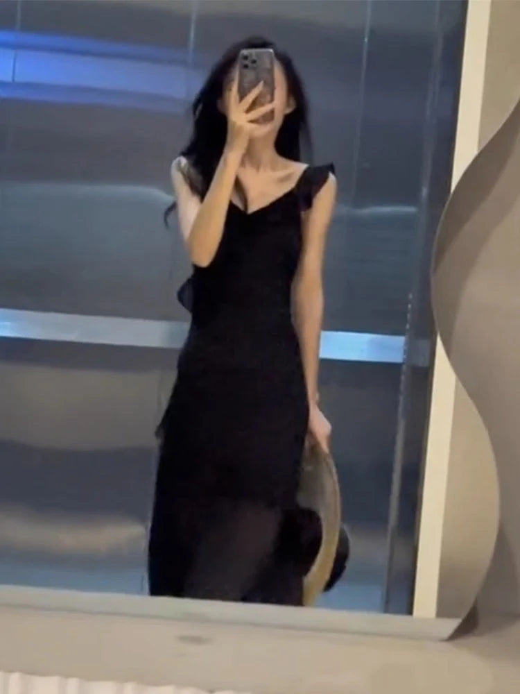 Sexy Sheath V Neckline Ruffled Black Chiffon Beach Dress Women's Vacation Dresses simple gentle atmospheric and unique desi Bring summer colors to enhance whiteness