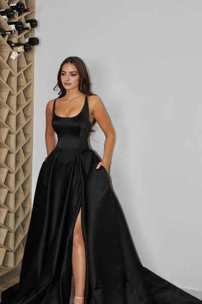 Sexy Sleeveless A-Line Satin Evening Gown with Split Front and Spaghetti Straps Simple gentle atmospheric and unique design