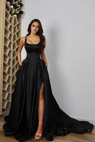 Sexy Sleeveless A-Line Satin Evening Gown with Split Front and Spaghetti Straps Simple gentle atmospheric and unique design