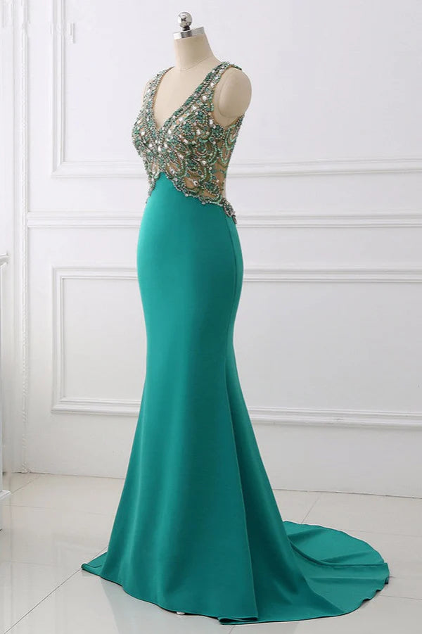 Sexy V-Neck Appliques Mermaid Prom Dresses Sleeveless with Crystals On Sale Simple gentle atmospheric and unique design