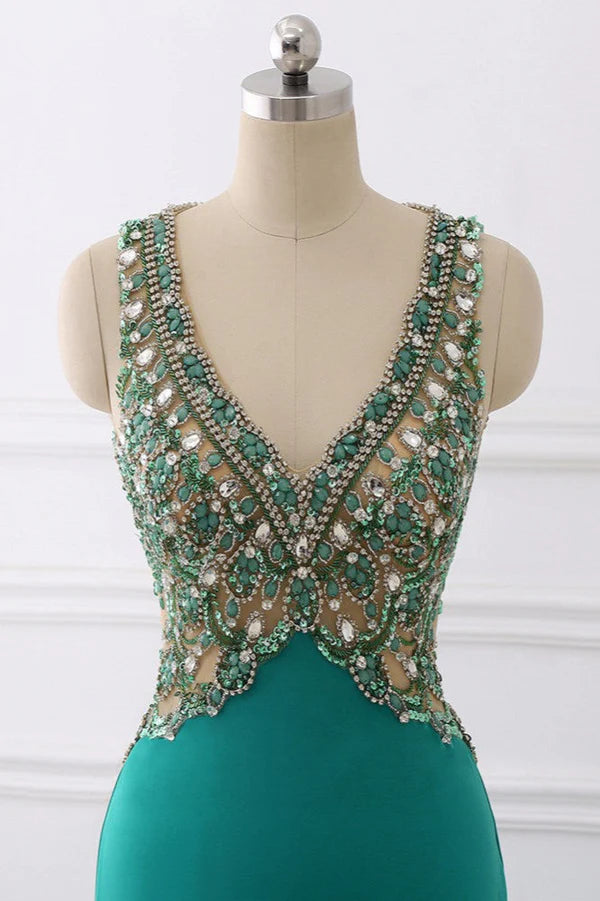 Sexy V-Neck Appliques Mermaid Prom Dresses Sleeveless with Crystals On Sale Simple gentle atmospheric and unique design