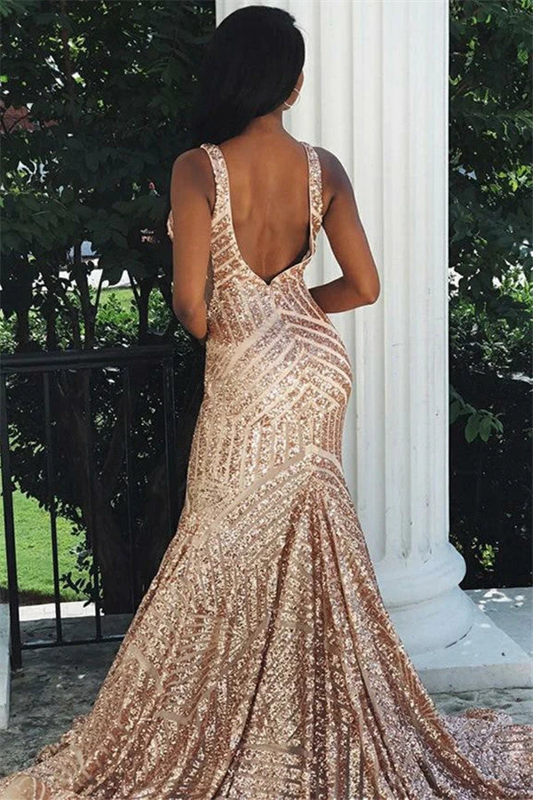 Sexy V-Neck Sequins Prom Dress Mermaid Sleeveless Long Simple gentle atmospheric and unique design