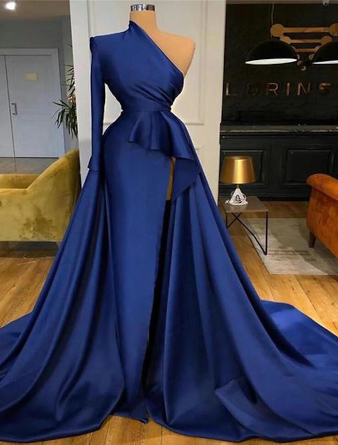 Sexy Wedding Guest Formal Evening Dress One Shoulder Long Sleeve Court Train Satin with Ruffles simple gentle atmospheric and unique desi Bring summer colors to enhance whiteness