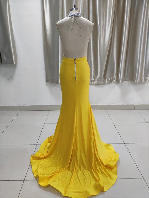 Sexy Yellow High Neck Ruffle Prom Dress Affordable with Backless Simple gentle atmospheric and unique design