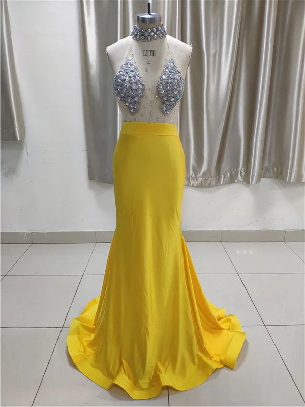 Sexy Yellow High Neck Ruffle Prom Dress Affordable with Backless Simple gentle atmospheric and unique design