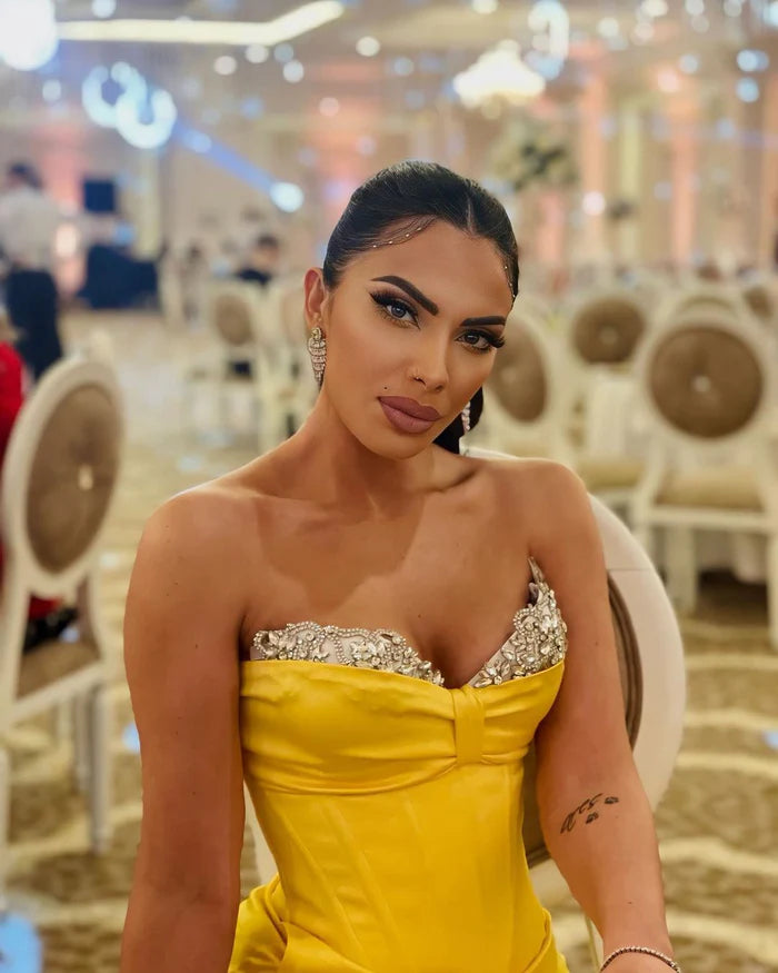 Sexy Yellow Mermaid Strapless Floor-Length Prom Dress With Slit Simple gentle atmospheric and unique design