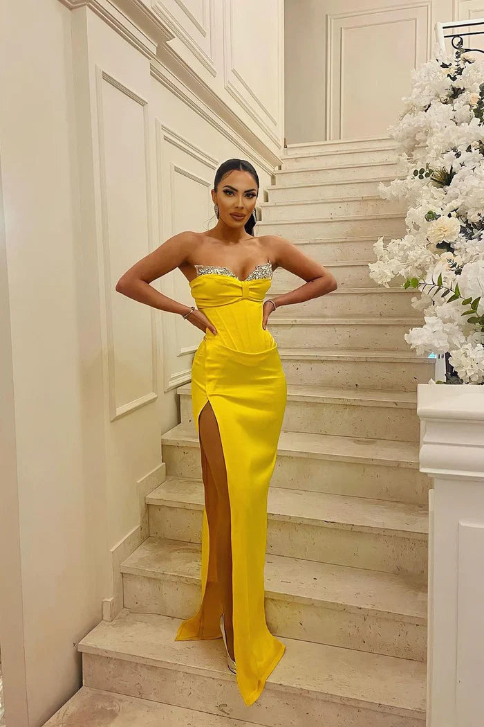 Sexy Yellow Mermaid Strapless Floor-Length Prom Dress With Slit Simple gentle atmospheric and unique design