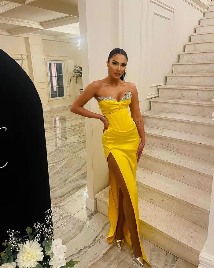 Sexy Yellow Mermaid Strapless Floor-Length Prom Dress With Slit Simple gentle atmospheric and unique design