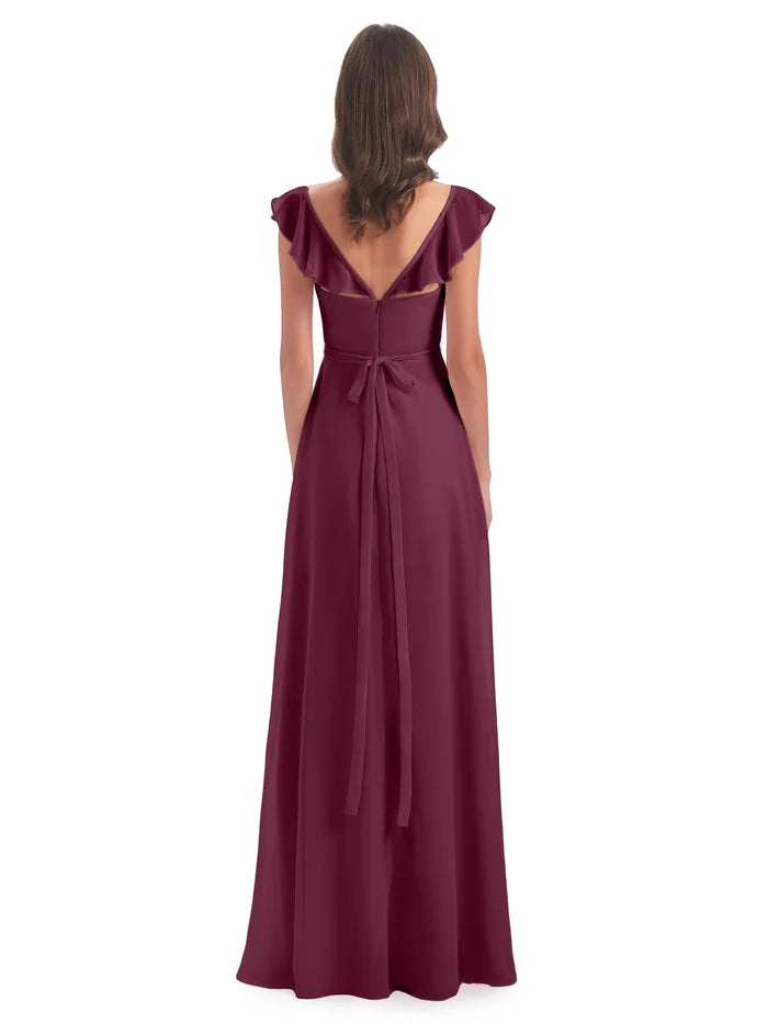 Sheath Cap Sleeves Split Chiffon Long Bridesmaid Dresses simple gentle atmospheric and unique desi Bring summer colors to enhance whiteness