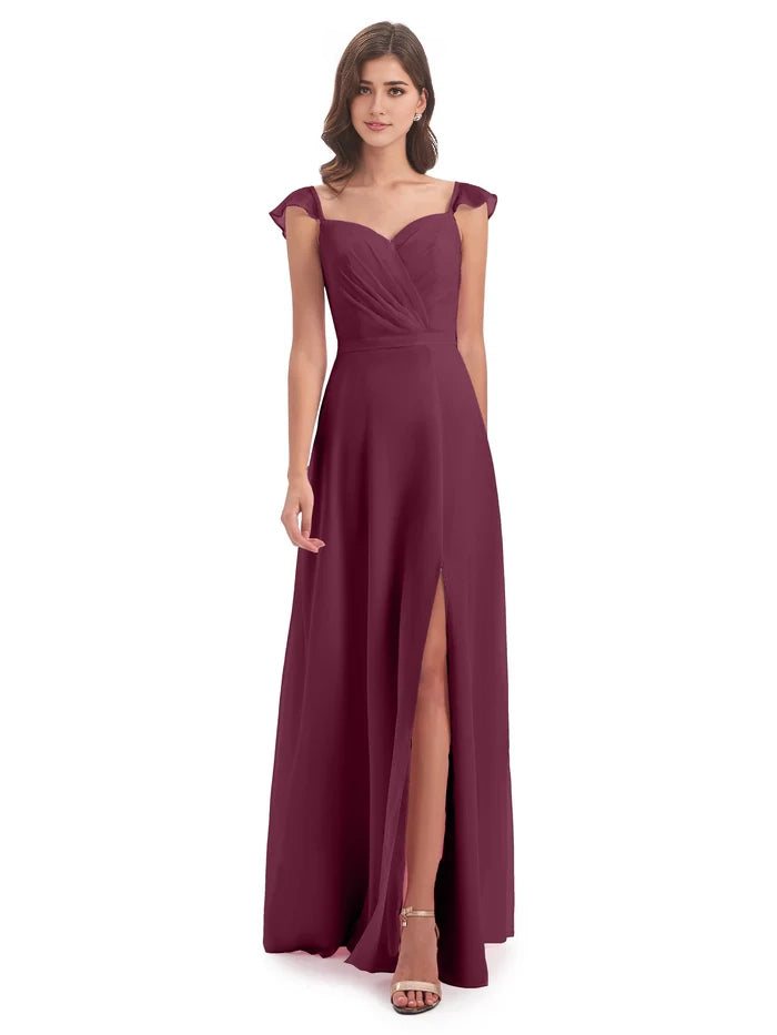 Sheath Cap Sleeves Split Chiffon Long Bridesmaid Dresses simple gentle atmospheric and unique desi Bring summer colors to enhance whiteness