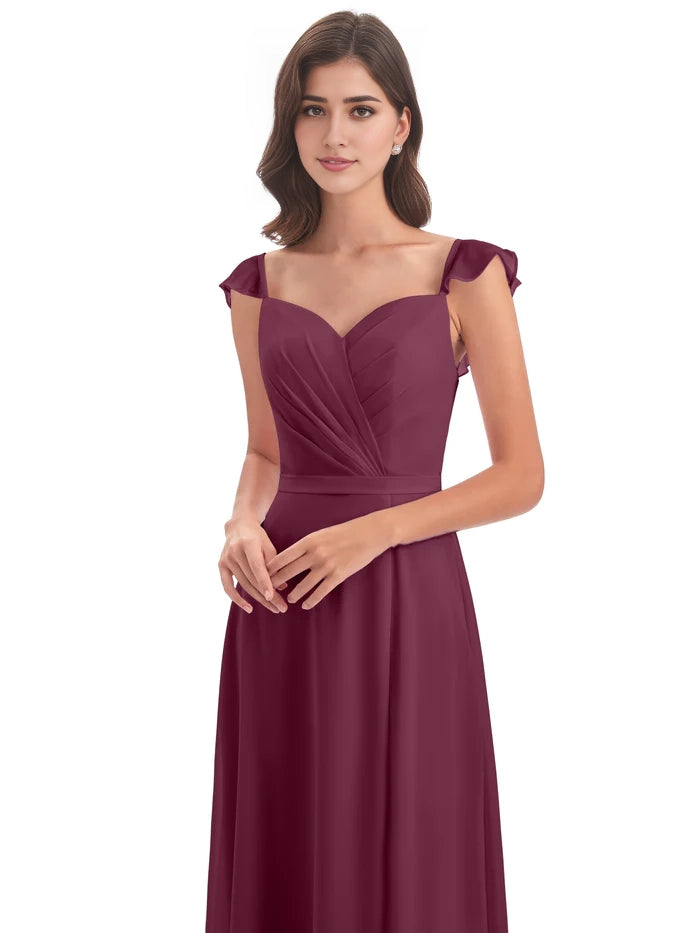 Sheath Cap Sleeves Split Chiffon Long Bridesmaid Dresses simple gentle atmospheric and unique desi Bring summer colors to enhance whiteness