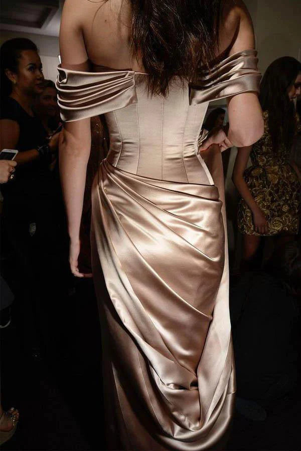 Sheath Champagne Satin Ruched Long Prom Dress With Slit simple gentle atmospheric and unique desi Bring summer colors to enhance whiteness