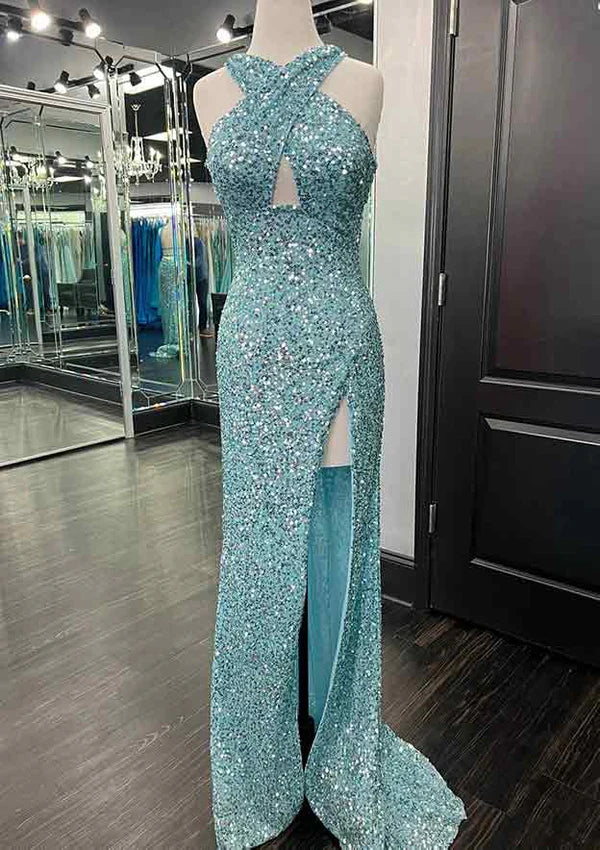 Sheath/Column Halter Sleeveless Sweep Train Velvet Sequins Prom Dress/Evening Dress With Split Simple gentle atmospheric and unique design